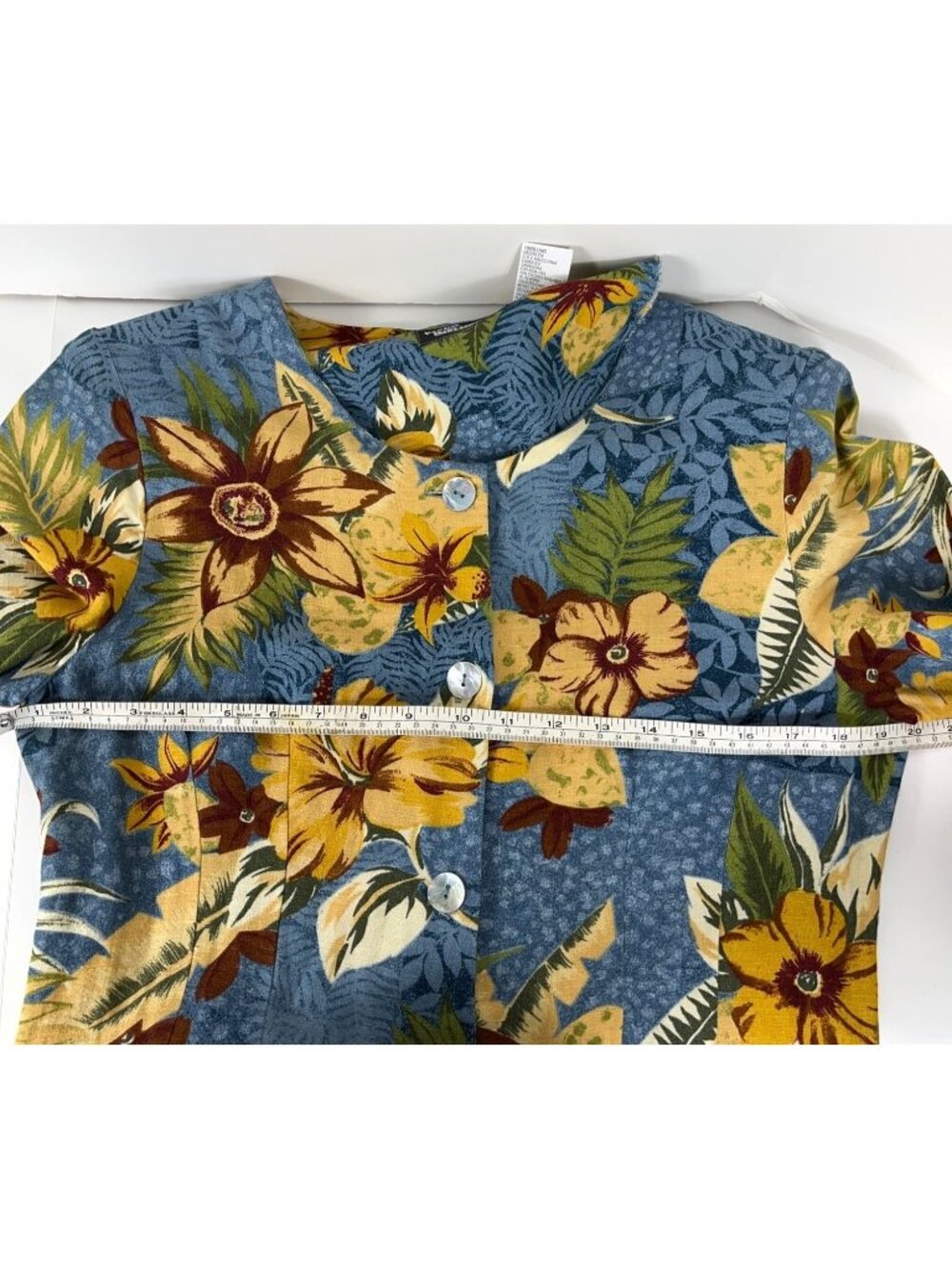 Vtg 80s Dress Linen Blue Tropical Floral Midi Button Artsy Boho Festival Women 6 - Picture 7 of 11
